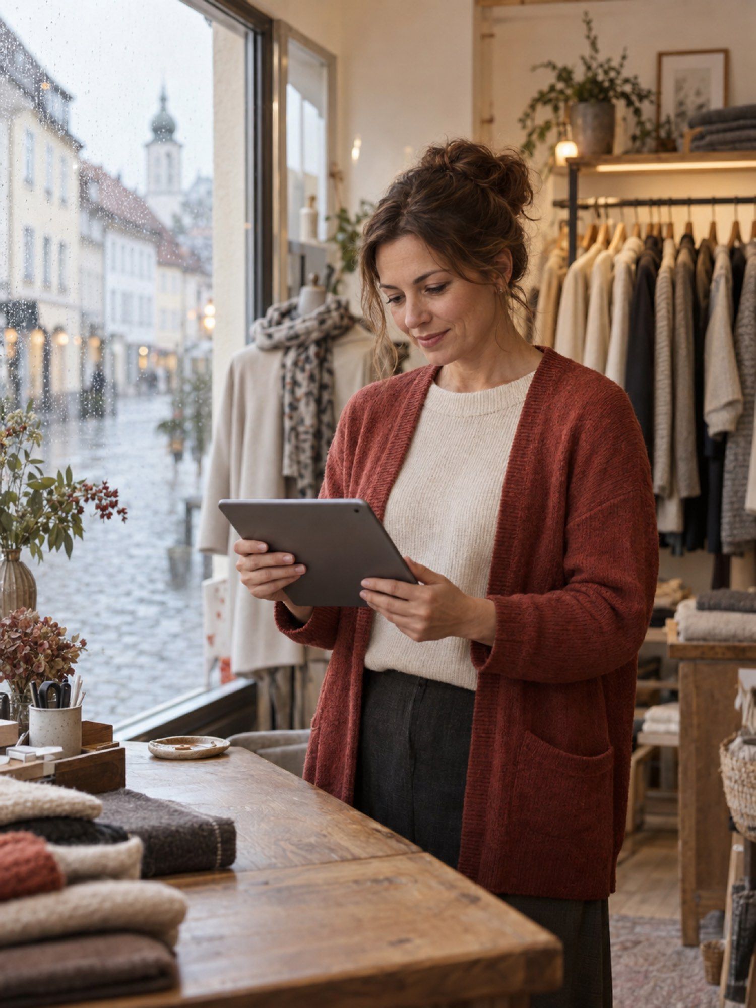 Boutique-Inhaberin sitzt an einem regnerischen Nachmittag mit dem Tablet im leeren Laden