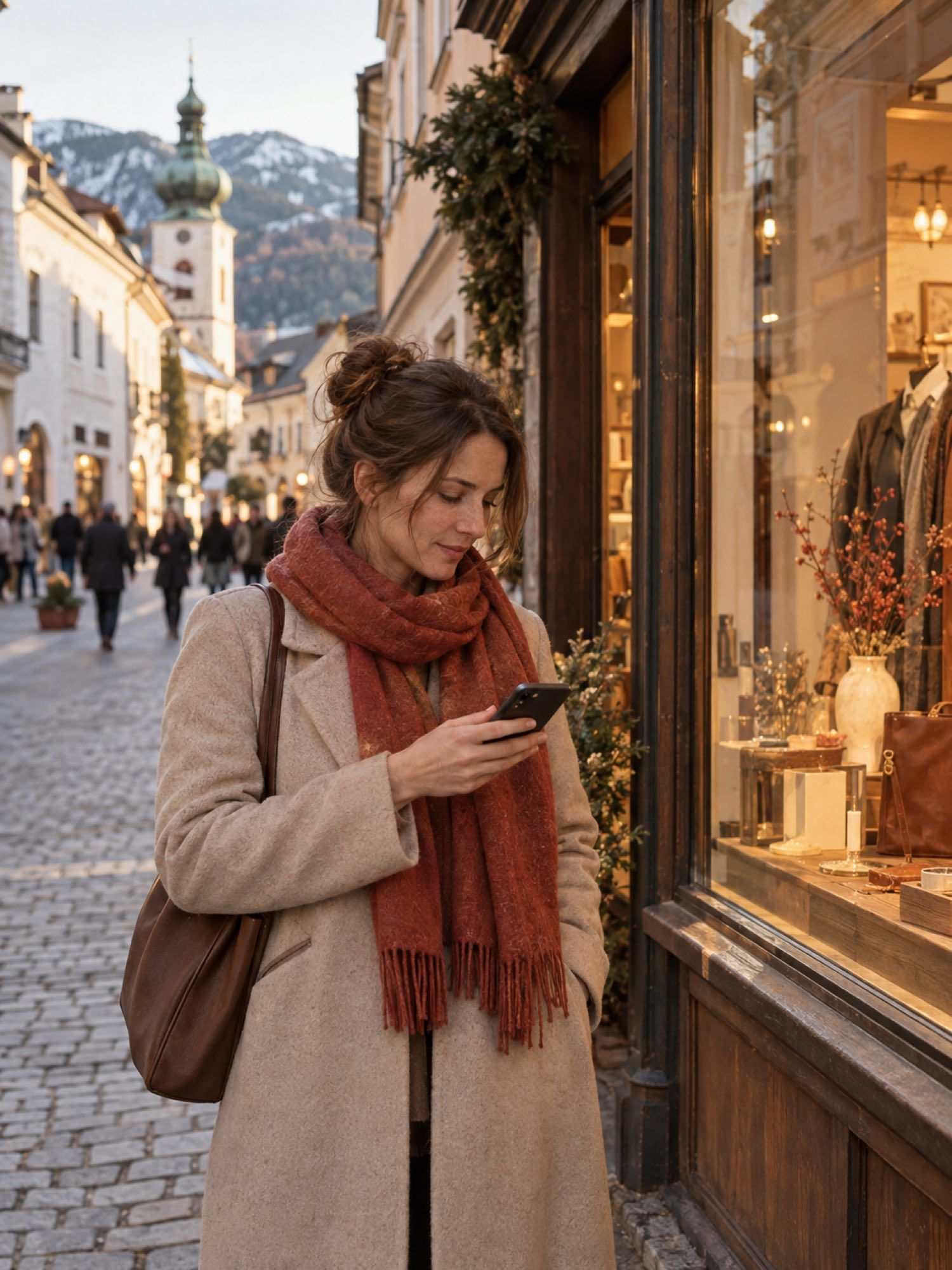 Frau bleibt vor einer beleuchteten Boutique stehen und schaut auf ihr Handy