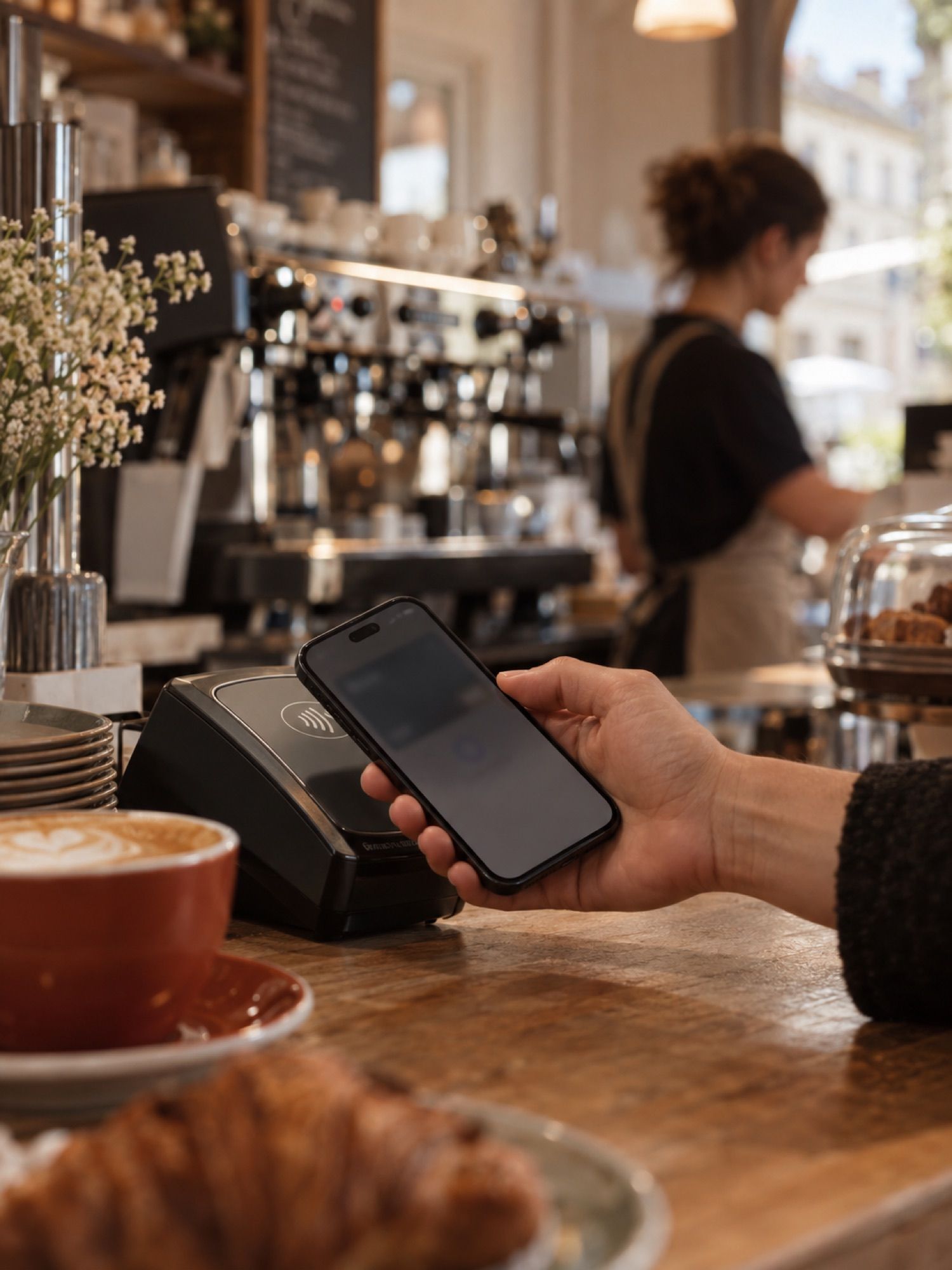 Hand hält ein iPhone an das Kartenlesegerät einer Café-Kassa